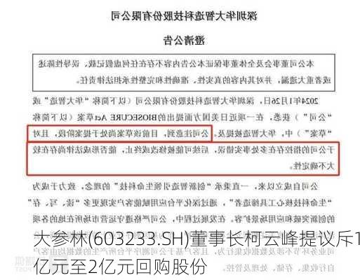 大参林(603233.SH)董事长柯云峰提议斥1亿元至2亿元回购股份